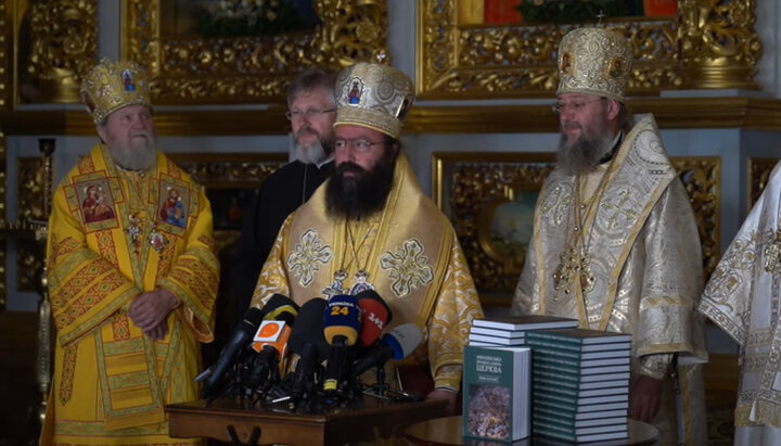 Bishop Ephrem, representative of the Patriarchate of Antioch, at a briefing at the Kyiv-Pechersk Lavra. Photo: screenshot of the UOC YouTube channel