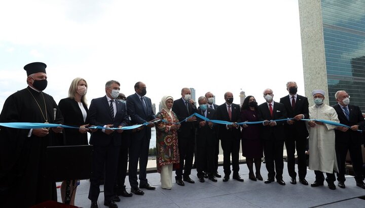 Archbishop Elpidophoros (far left) at the opening of the Turkish Center in New York. Photo: twitter.com/trpresidency