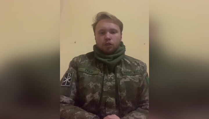 Military serviceman Bohdan Grafov said that the fight against the UOC leads to the division of society. Photo: a video screenshot on the Telegram channel "Laymen – Defenders of Ukraine".