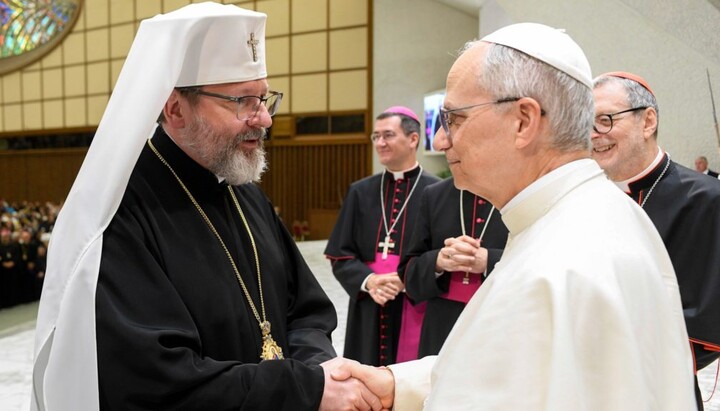 Leo XIV with Sviatoslav Shevchuk, head of the Ukrainian Greek Catholic Church. Source: Angelus News