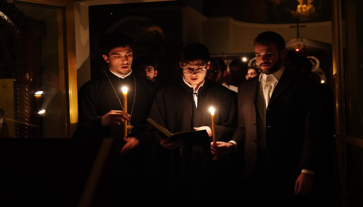 Students of Hellenic College Holy Cross participate in the All-Night Vigil. Photo: HCHC