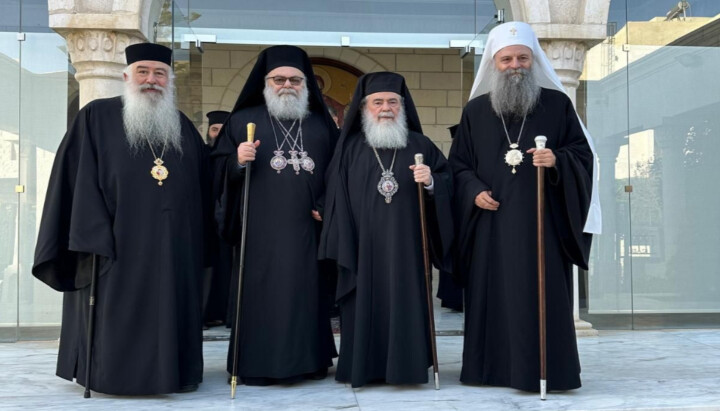 Pictured, from left: Met. Christophoros of Amman, Pat. John X of Antioch, Pat. Theophilos III of Jerusalem, and Pat. Porfirije of Serbia.