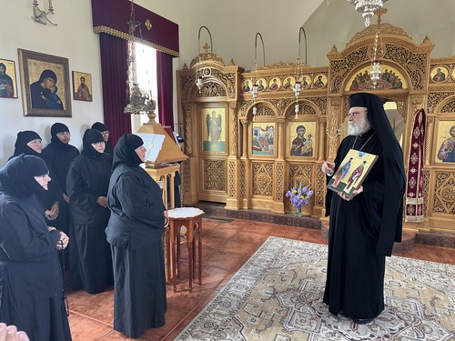 Met. Saba presents the nuns of the Nativity of the Theotokos Greek Orthodox Convent with an icon of Ss. Nicholas and Habib Khasha of Damascus.